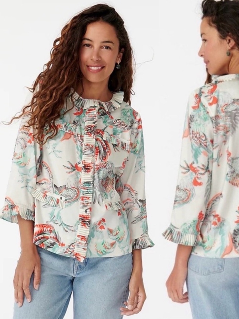 J. Crew Pleated Rooster Blouse XS